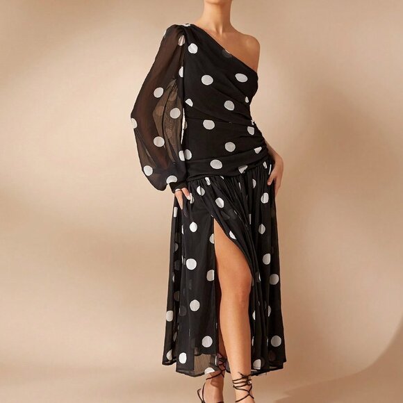 Black And White Elegant Women's Polka Dot One Shoulder Long Sleeve Maxi Dress - Picture 3 of 6
